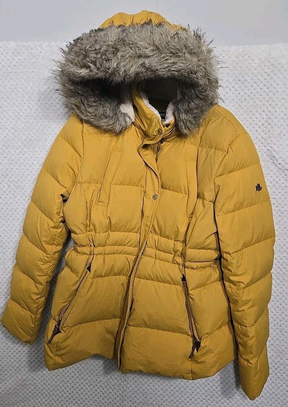 Lauren Ralph Lauren XL Mustard Yellow Down Puffer Coat Faux Fur Hood #0324
